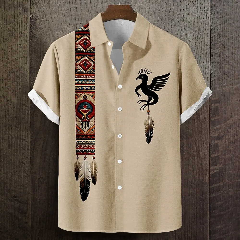 

Men's Geometric Indian Feather Vintage Shirt, Short Sleeve 3D Print Shirt, Blue Green Khaki Gray