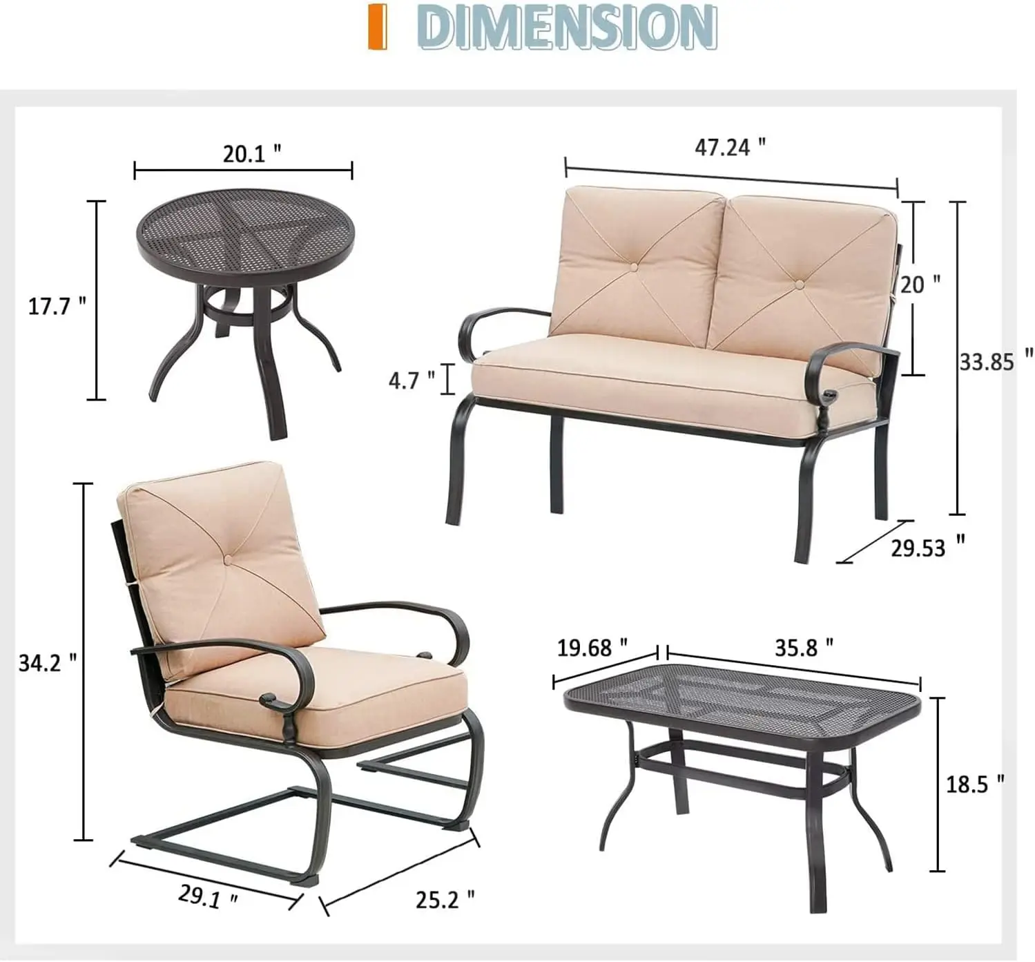 Metal Outdoor Mobiliário Pátio Conjunto com Almofada, Loveseat Coffee Table e Bistro Table, 2 Spring Chair
