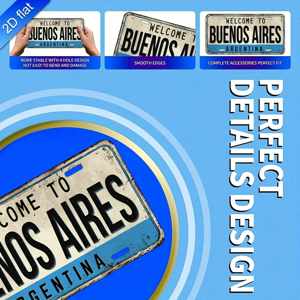 2D Flat, Vintage Buenos Aires Argentina Metal Sign Wall Art Aluminum Metal Sign - Argentine License Plate Number for Home
