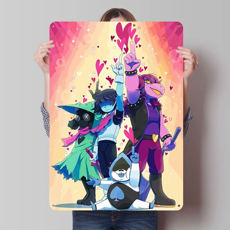 Deltarune-Charaktere mit Herzen, Metallposter, individuelle Wandkunst, Retro-Vintage-Blechschilder für Männerhöhle, Büro, Dekoration, Haus, Zuhause