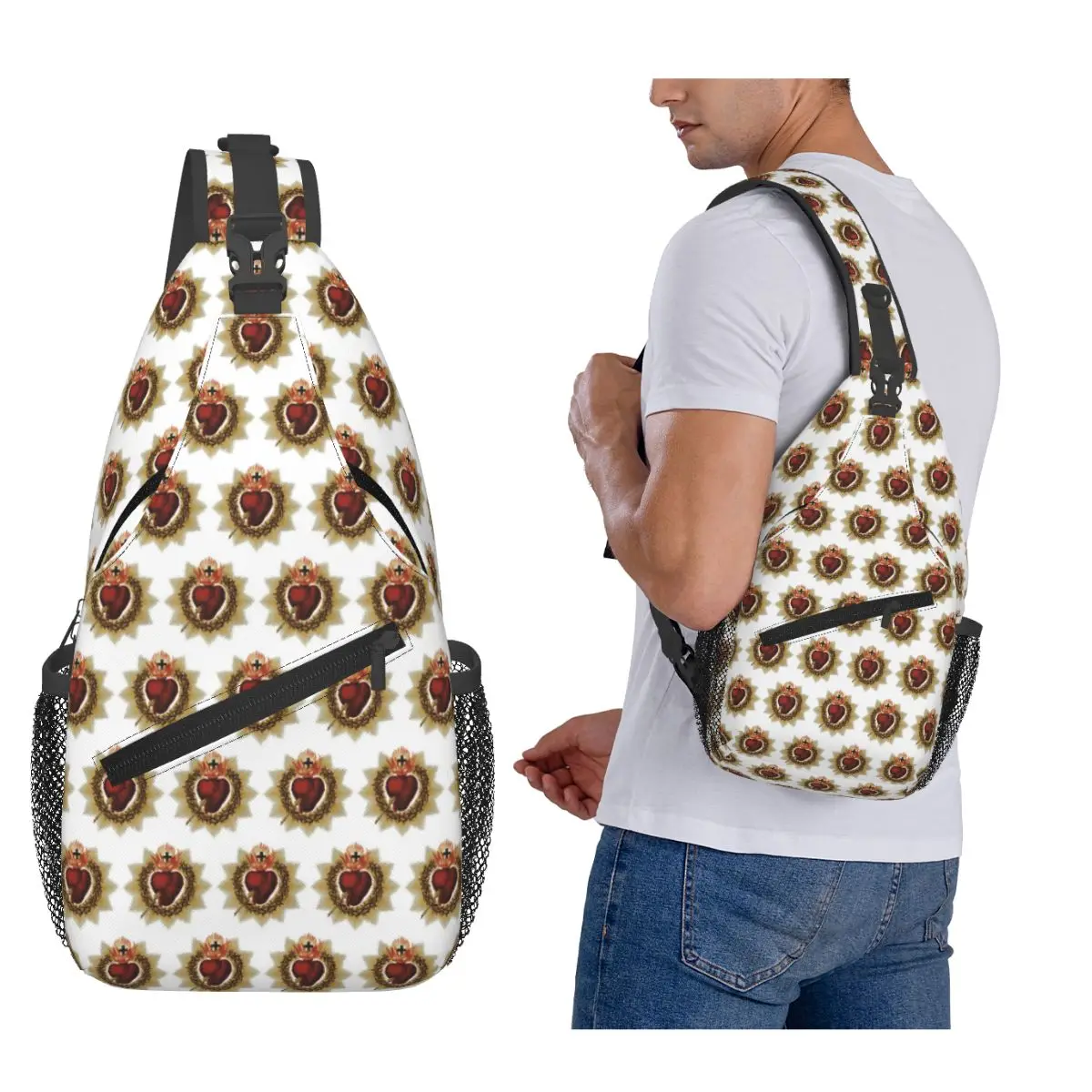 Sacred Heart Of Jesus Catholic Chest Bag Men Sling Crossbody Backpack Chest Bag Traveling Hiking Daypack Shoulder Bag