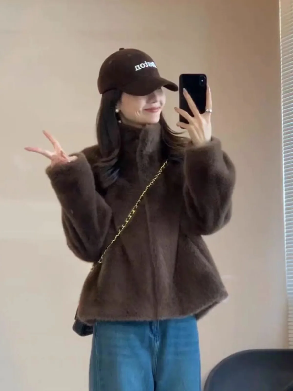 Outono inverno falso casaco de pele de vison para mulheres simples gola até jaqueta de pelúcia moda americana alta rua engrossar casaco