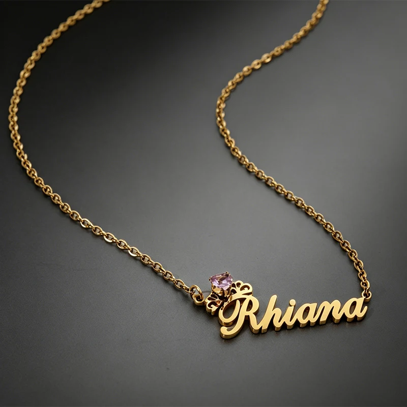 Collier personnalisé Treebud avec nom et pierre de naissance en forme de cœur pour femme, en acier inoxydable, avec pendentif lettres couronnées, cadeau bijou