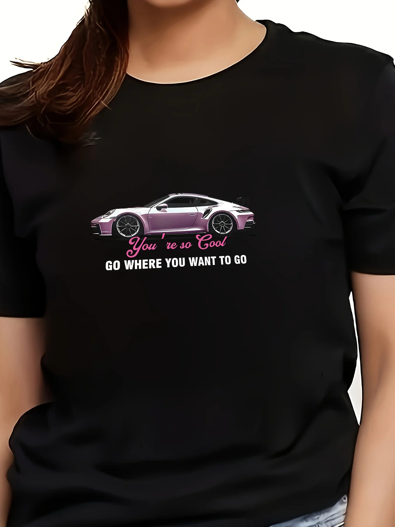 

Fashionable And Personalized Short-Sleeve Round-Neck T-Shirt for Women with Car Prints, Model 7259-1.