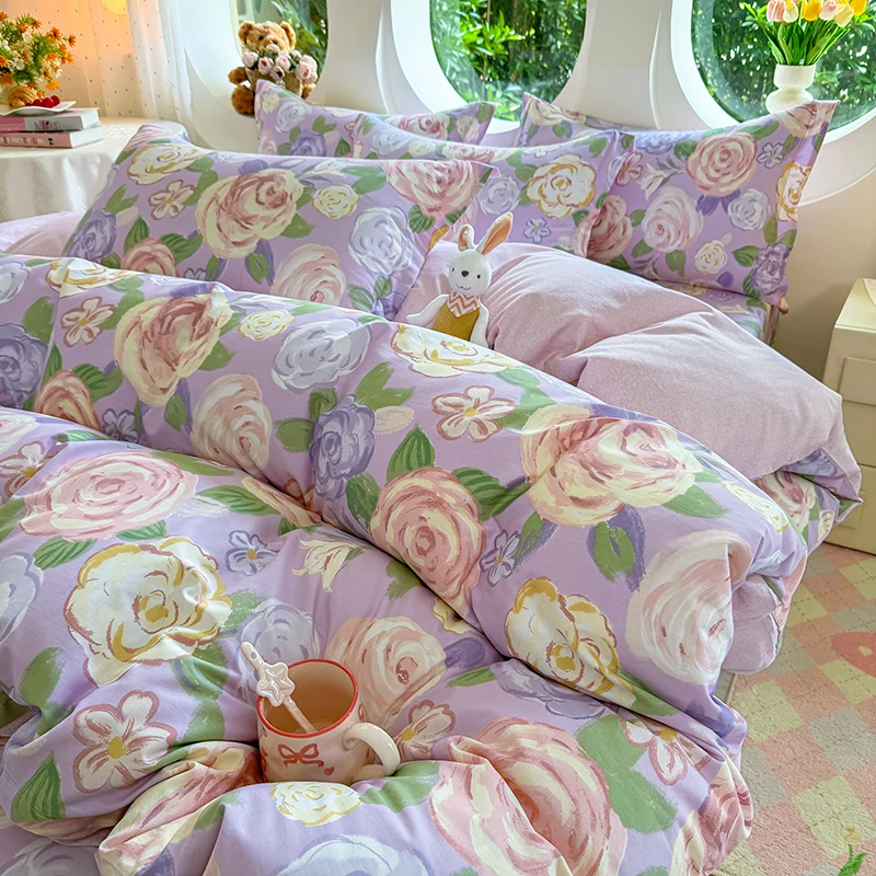 100% Cotton Duvet Cover Sets Single/Full/Queen/King Size Skin-friendly Bed Cover Sets Flower Printed Bedding Set with Pillowcase