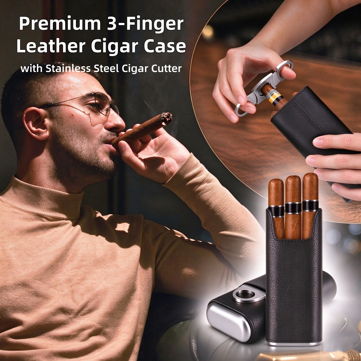 Premium 3-Finger Leather Cigar Case with Stainless Steel Cutter Cedar Wood Lined Travel Cigar Humidor Case Cigars Storage Holder