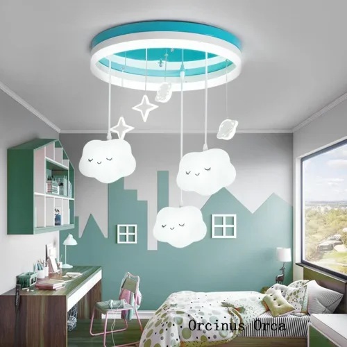 Cartoon cute white cloud chandelier Girl Bedroom children's room lamp modern simple LED blue aircraft ceiling lamp