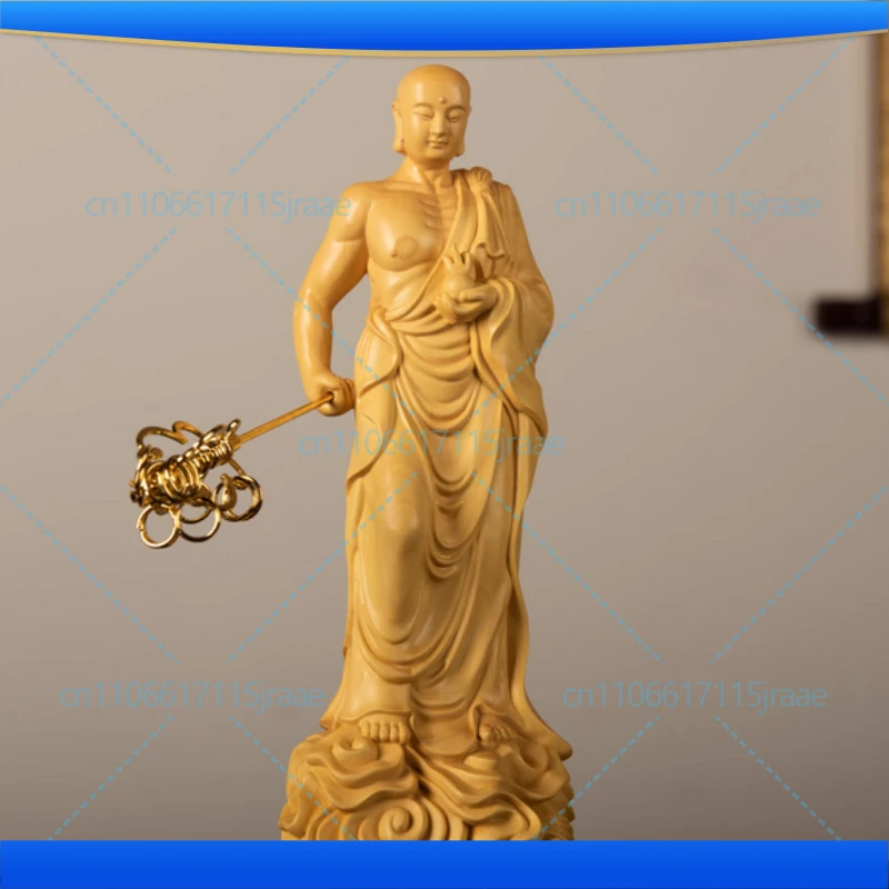 Hinoki Wood Hand Carved Ksitigarbha Dizang Bodhisattva Standing Statue Figurine w/ Staff Jewel - Spiritual Ornament Home Temple