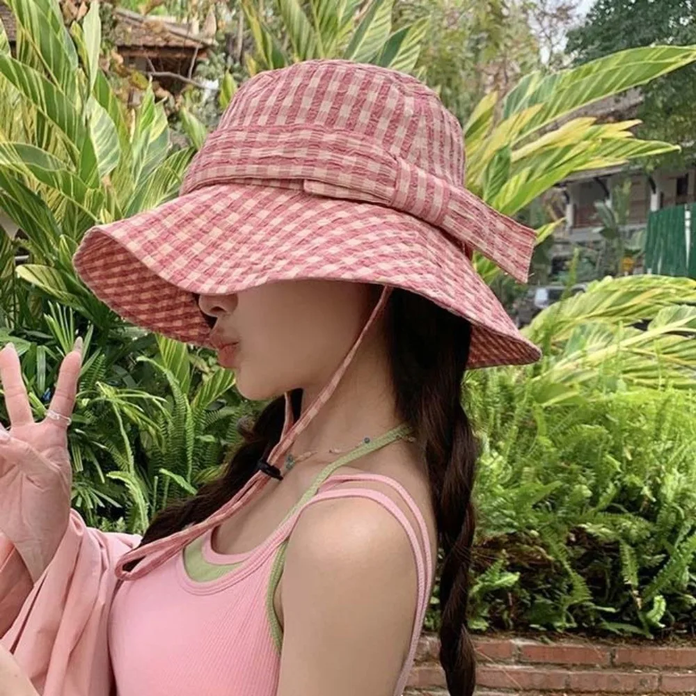 Versatile Korean Style Fine Plaid Fisherman Hat Wide Brimmed Versatile Sunscreen Basin Cap Polyester Bow Folding Sun Cap Girls