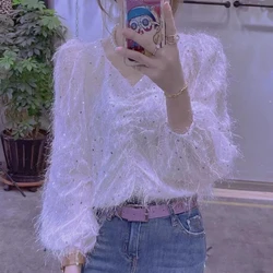 Autumn New Fashion V-neck Sequined Tassel Top with French Temperament Slimming Long Sleeved White Shirt for Women Blouses Shirts