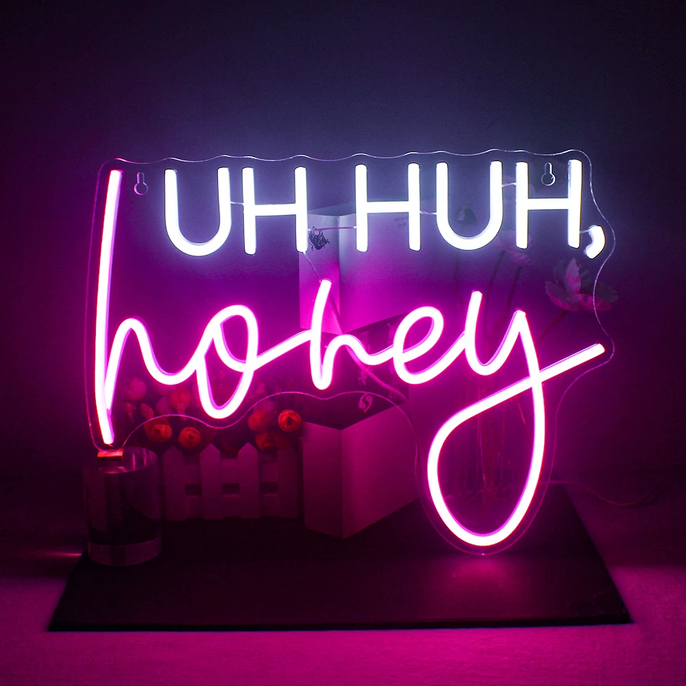 Uh Huh Honey Neon Sign Pink White Letter Led Signs for Wall Decor Bedroom Game Room Man Cave Home Bar Wedding Birthday Party