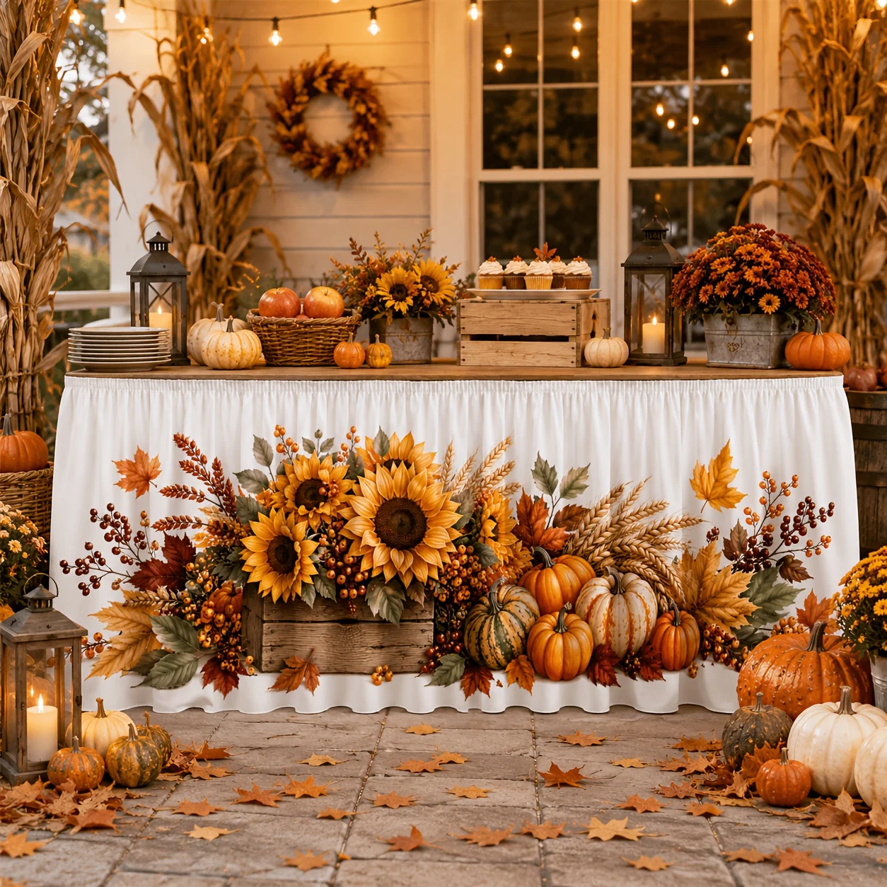 One tablecloth. Autumn sunflower, pumpkin, maple leaf and wheat grain harvest decoration. Thanksgiving autumn party.
