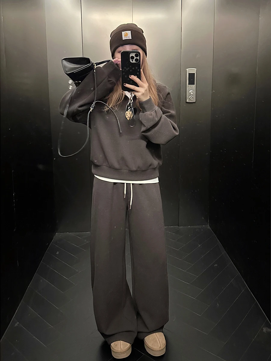 

Зимний модный комплект Zeng Yueban: женский свитшот с длинным рукавом, брюки с высокой талией и широкими штанинами, шелково-шерстяной костюм-двойка с воротником-стойкой