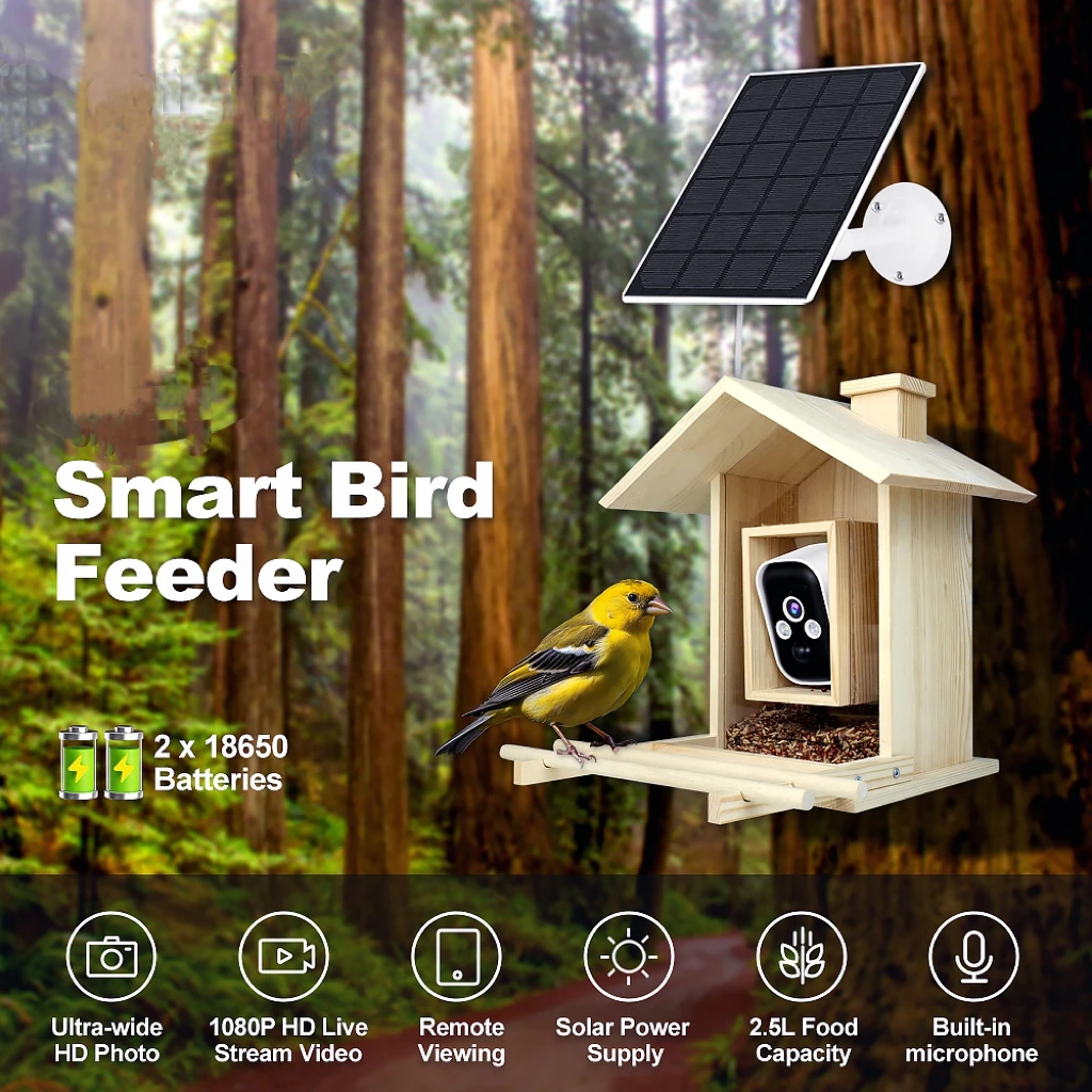 Wholesale Various Wooden Smart Bird Feeder with Solar Panel  WiFi Remote Control HD  Night Vision Custom