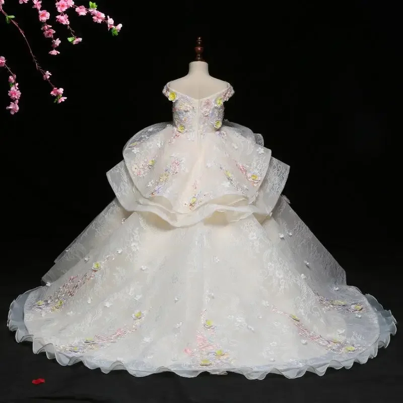 Robe de princesse pour filles, avec des appliques florales, jupe superposée en Tulle, épaules dénudées, tenue de soirée formelle, Costume de concours élégant