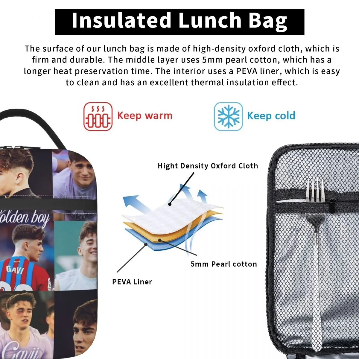 Pablo Gavi Sport Spain Football Insulated Lunch Bags Storage Food Box Reusable Cooler Thermal Lunch Boxes For Travel