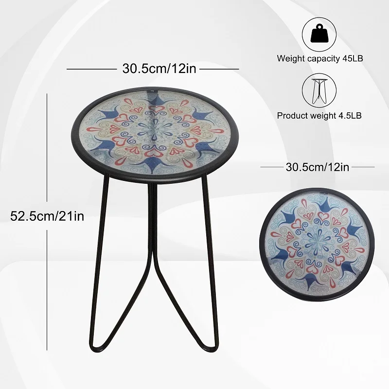 Metal Glass Printed Table for Home, Mesa de café decorativa interior, Mesa lateral ao ar livre do jardim, Sala de estar e varanda