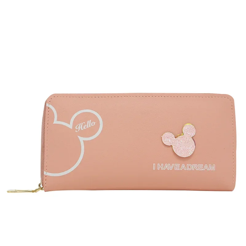 Disney-cartera de dibujos animados de Mickey Mouse para mujer, billetera de PU con cremallera larga, monedero de Minnie, monedero de Anime, tarjetero, regalo para niña