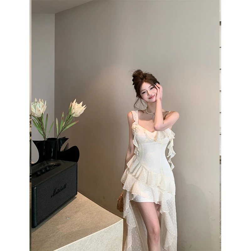 

2024 Summer Mori Girl French 2000s Vintage Floral Mini Spaghetti Strap Dress Women Irregular Gyaru 2000s Frocks Korean Party New