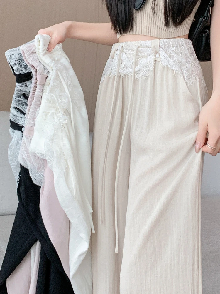 

Широкие брюки с кружевной отделкой и элементами пэчворка для женщин, летние, тонкие, с высокой талией, свободного кроя, прямые, с защитой от солнца.