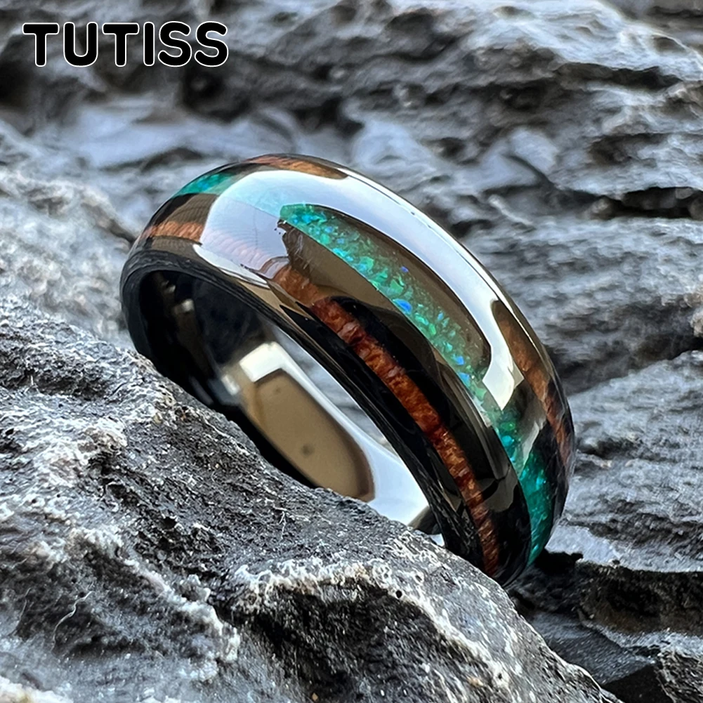 TUTISS 8mm Black Tungsten Ring for Men Women Engagement Wedding Band Fashion Jewelry Green Opal Koa Wood Inlay Comfortable Fit