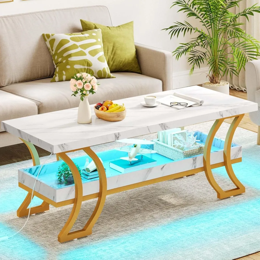 

Modern Coffee Tables for Living Room, Marble Finish Coffee Table Led Coffee Table with Storage 2-Tier Wood Center Table
