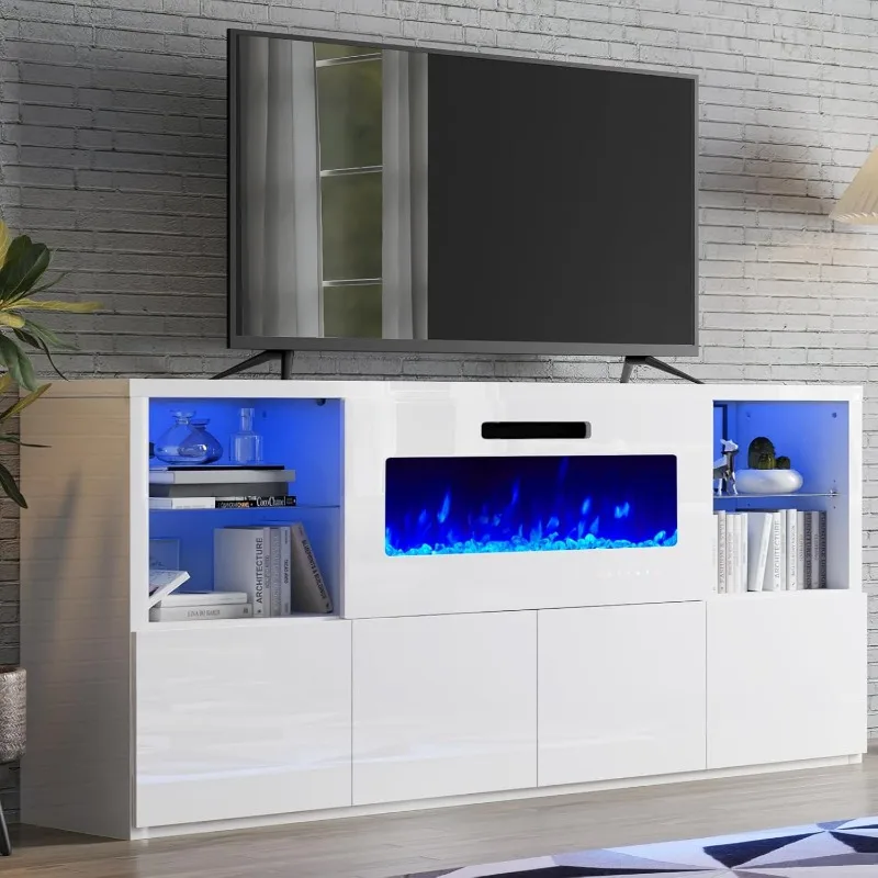 

Modern High Gloss 68" Fireplace TV Stand, Fireplace Entertainment Center with Fireplace & LED Lights for TVs up to 78".