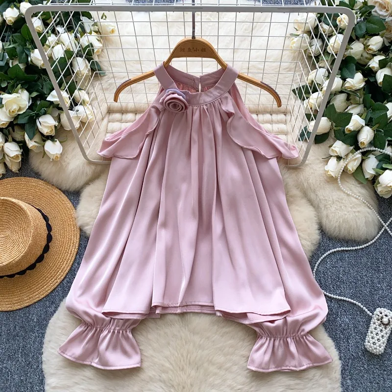 

OCEANLOVE Satin Shirts&blouses Women Tops Flare Sleeve Ruffles Hollow Out Blusas Mujer Korean Fashion Solid Flowers Camisas