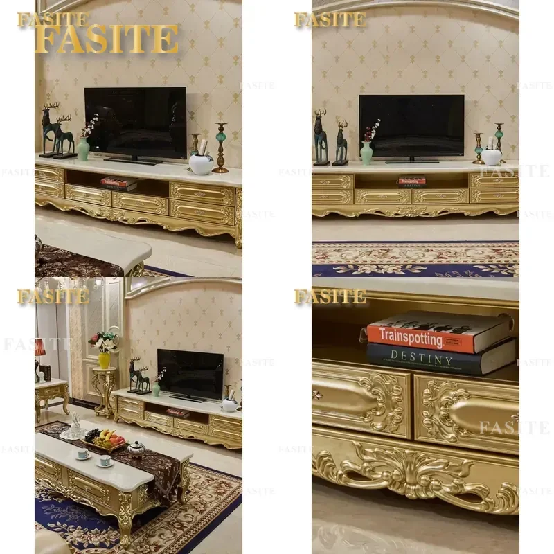 European Solid Wood TV Cabinet with Natural Marble Countertop Floor-to-Ceiling Storage Unit Hand-Carved Details Luxury Living