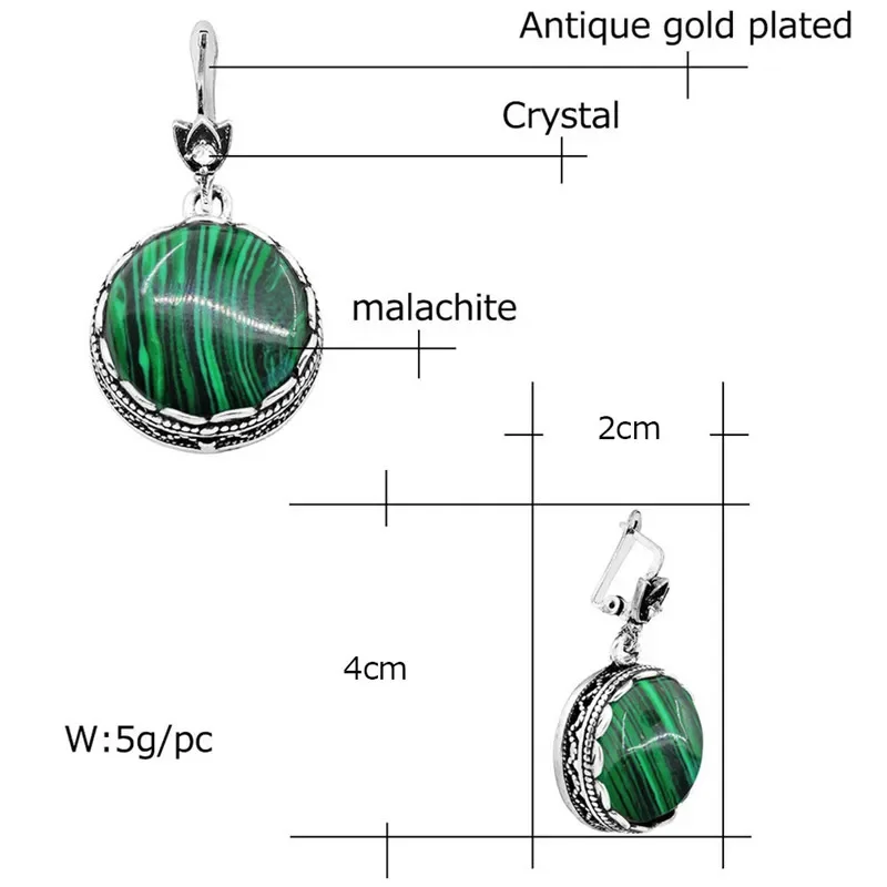 Round Synthetic Malachite Earrings For Women Antique Silver Plated Party Hollow Flower Pendant Fashion Jewelry