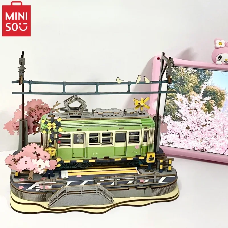 Miniso Sakura Journey Building Block Tram with Lights Educational Assembly Toy Desktop Decoration Children's Birthday Gift