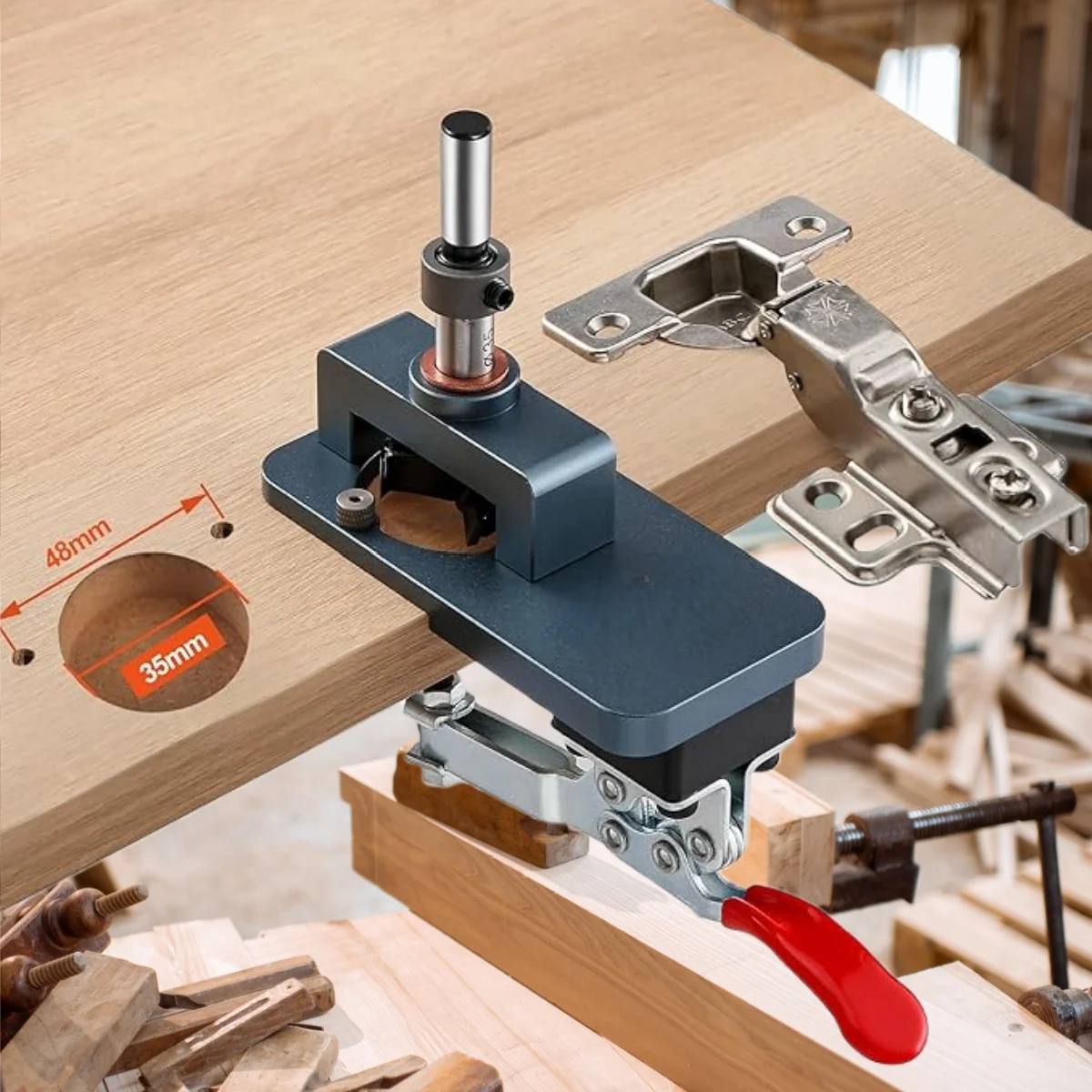 35mm Hinge Jig - Precise Boring Guide with Adjustable Edge & Quick Clamp - Hardened Drill Bits for Cabinetry, Furniture DIY