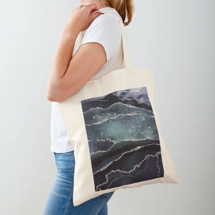 

Glamour Night Black Milky Way Faux Marble Galaxy Tote Bag hand bag Canvas eco bag folding Women's shopper