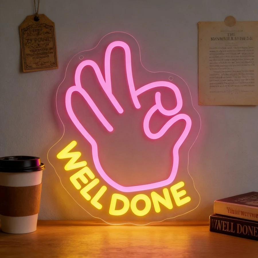 

Неоновая LED-вывеска WELL DONE в форме розовой руки – мотивационный настенный декор для дома, офиса, спальни, кабинета, подарок для поддержки и вдохновения