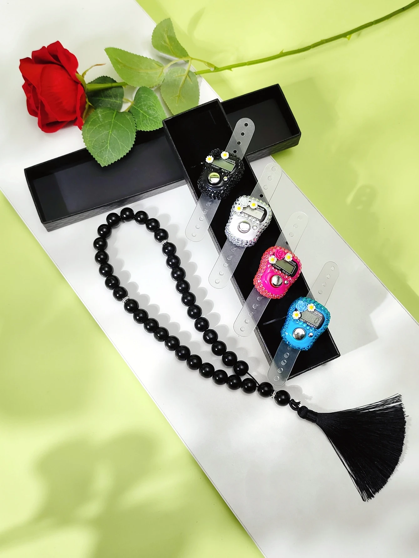 

Crystal Finger Counter with Rosary Bracelet, Multicolor Rhinestone Flower Tally Clicker in Gift Box, Present for Friends