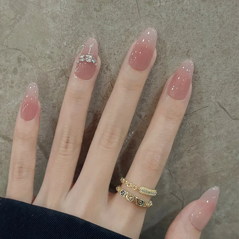 24pcs Wine Red Oval Press on Nails Sets Sweet Gradient Cat's Eye Full Cover Almond Fake Nails Tips Simple Wearable False Nail