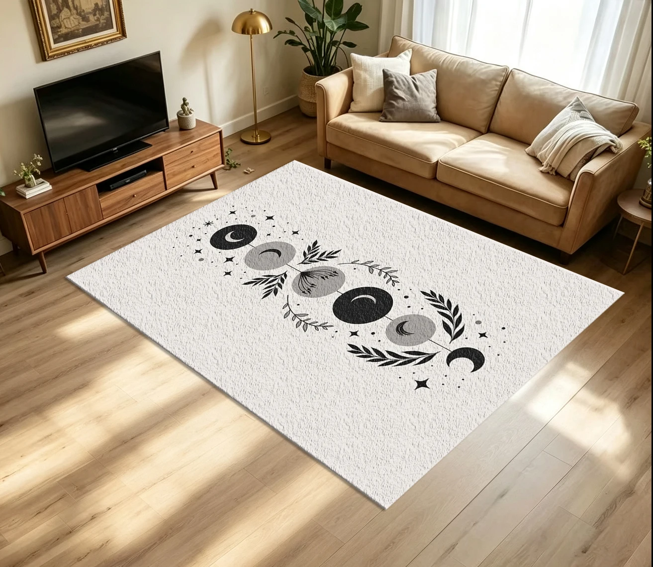 Boho Mystic Moon Phase Carpet Flooring Minimalist Black Grey Lunar Cycle Botanical Star Printed Floor Rug for Household Indoor Home Spiritual Decor