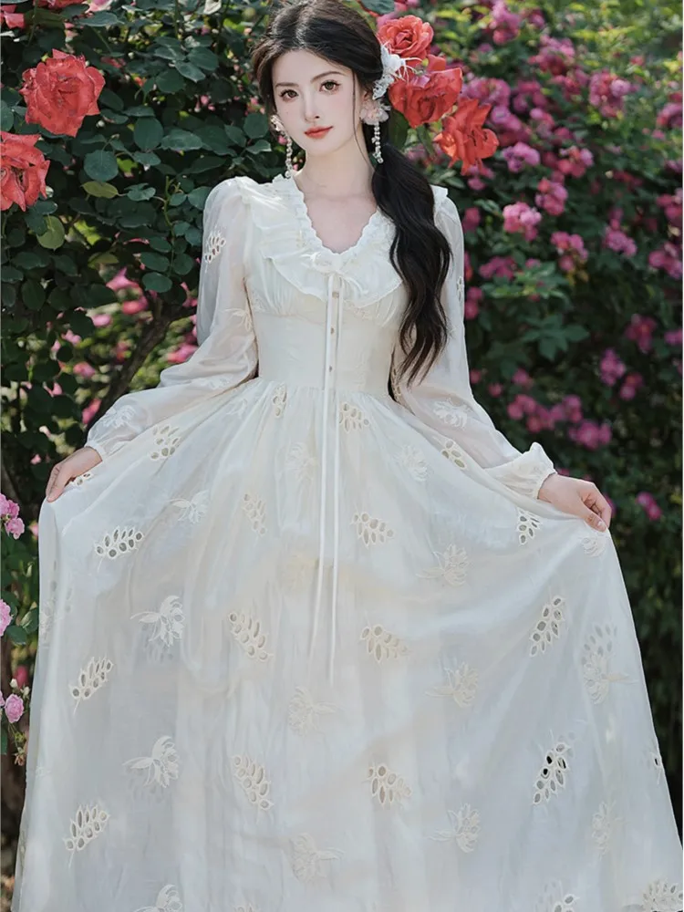 Vintage French Fairy Dress Woman Retro Hollow Out Embroidery Ruffles Romantic Princess Dresses Vestido Elegant Evening Robe New