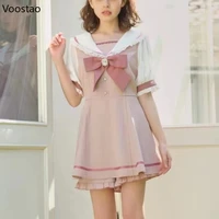 Japanese Gothic Y2k Lolita Plaid Dress Shorts Set Women Sweet Bow Sailor Collar Puff Sleeve Party Dresses Female A-Line Dress 4