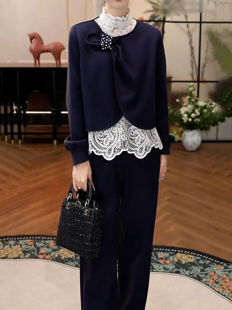 

Autumn and winter 2025 new fashion two piece set women versatile color blocking high-end design sense top+casual pants set