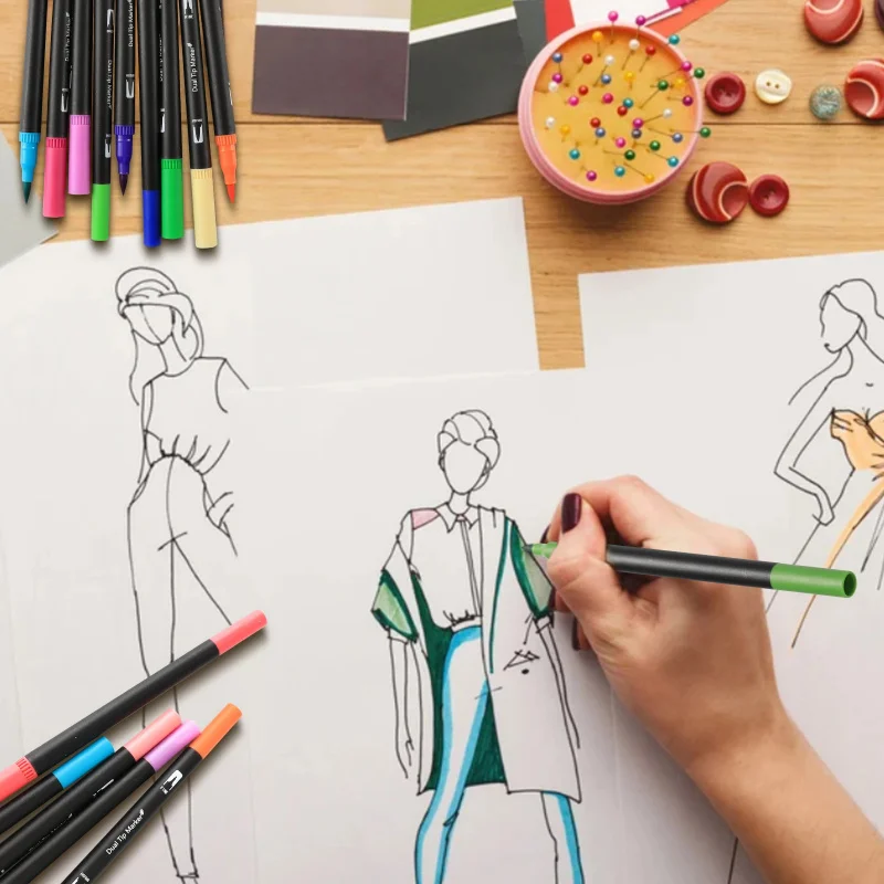 Маркеры с двумя наконечниками и кистью с тонким наконечником, набор ручек с фетровым наконечником, художественные маркеры, акварельные кисти, каллиграфические рисунки