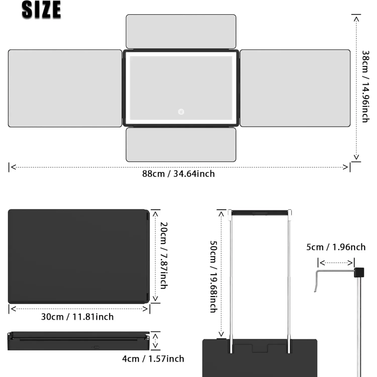 5 caras 360 °   Espejo para cortar y peinar el cabello, antivaho, recargable por USB, altura ajustable, vidrio HD