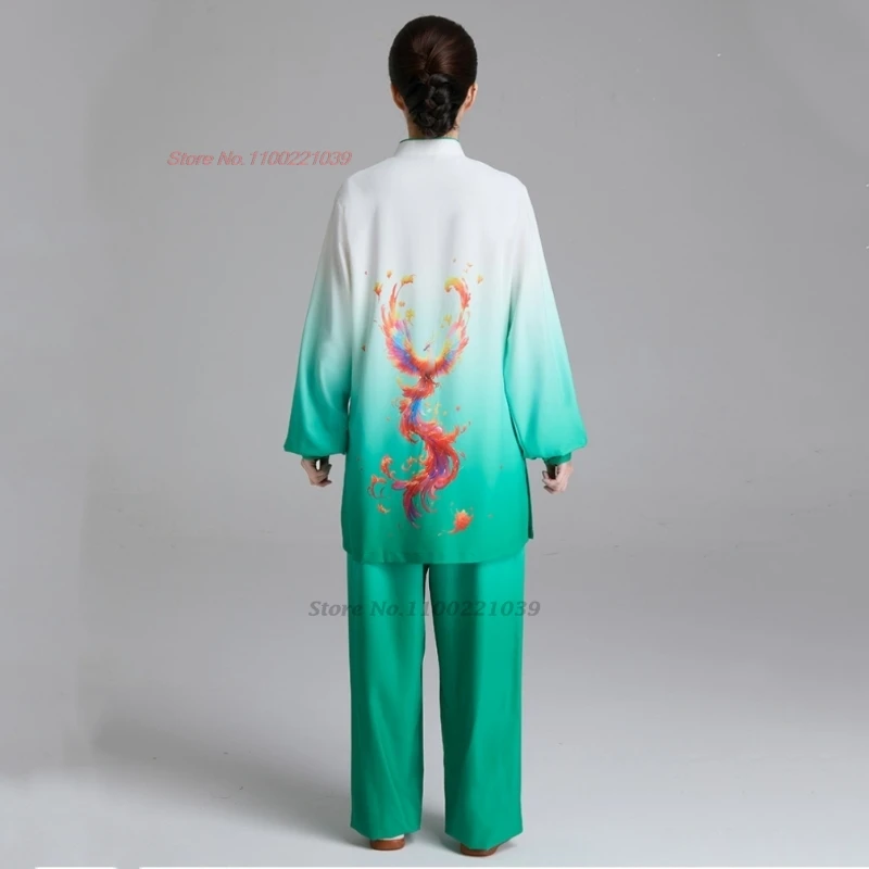 2026 chinese tai chi uniform wushu taiji morning exercise tops+pants set phoenix print stage performance kungfu tai chi set view 5