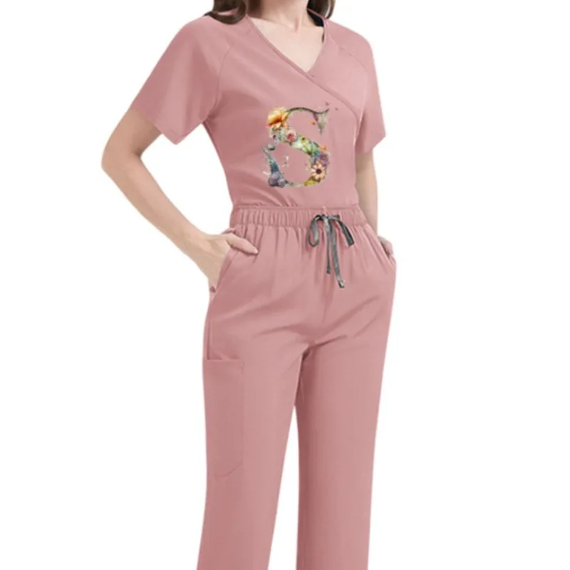 Custom Print Scrubs Set Women Tie-Back Short Sleeve Pants Thin Quick-Dry Beauty Salon Maternity Center Nurse Workwear