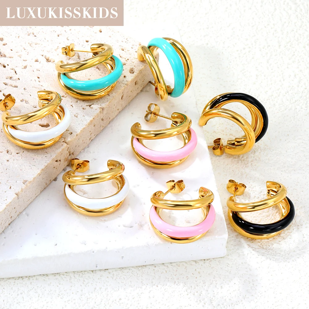 LUXUKISSKIDS C Shaped Earrings Hoop Stainless Steel Colorful Stylish Gold-Plate Minimalist Triple Round Piercing Statement aros