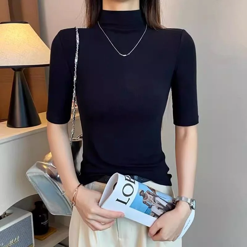 Women's Half Turtleneck Knit T-shirt Slim Fit Mid-sleeve Ribbed Base Layer Casual Tops