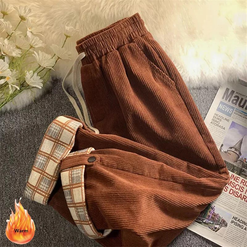 

140kg Winter Corduroy Plus Velvet Ankle-length Pantalons Women Baggy Plaid Spliced Trousers For Casual Oversized Straight Pants