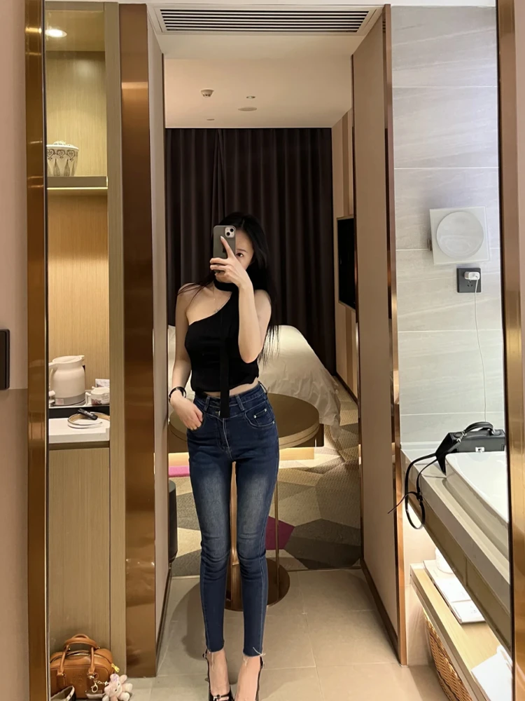 

Темно-синие женские джинсы с высокой талией, эластичные, утягивающие, модные, с двойной застежкой на бедре, эластичные, облегающие, стильные, скинни