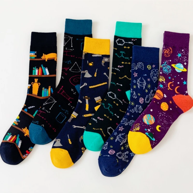 

5 пар мужских носков средней длины, забавные повседневные деловые носки, красочные хлопковые носки с животными на Хэллоуин, винтажные хлопковые носки Happy Woman