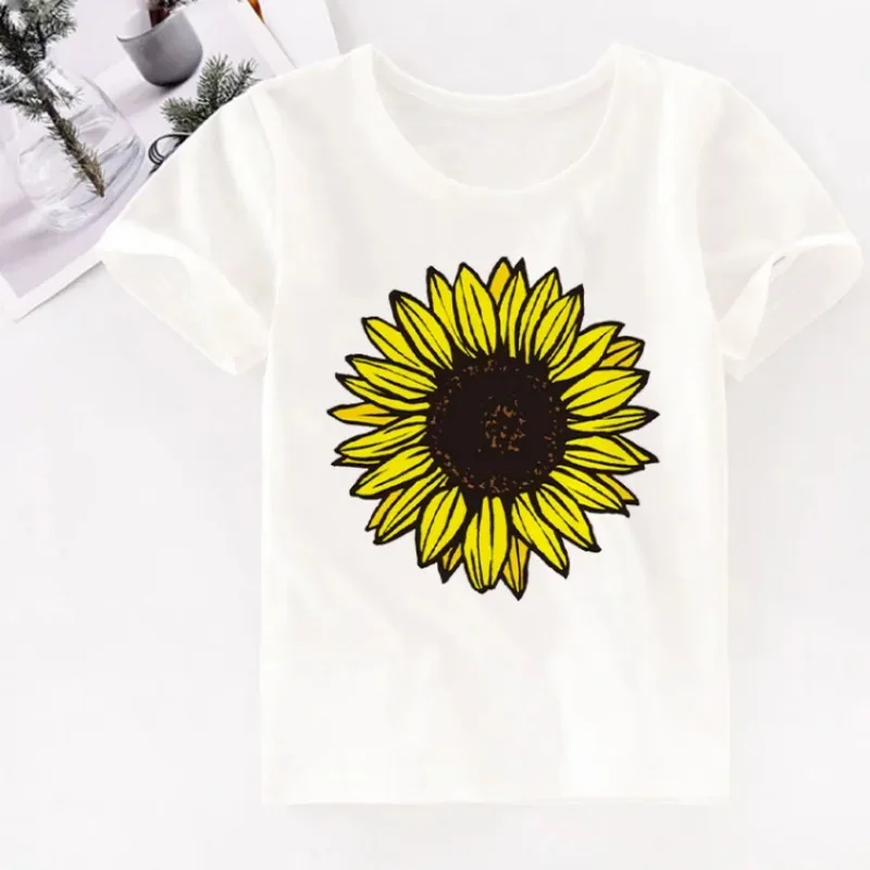 Cute  Children's  Leopard Sunflower T-shirts Painting Kid Boys And Girls Tops Shirts Children's Summer Short Sleeve T-shirt